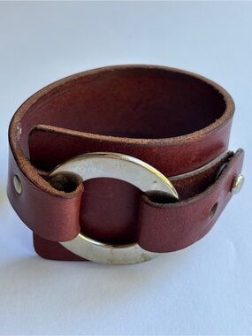 Susana Erazo Leather Wide Cuff Bracelet Brown Adjustable Statement Artisan Boho